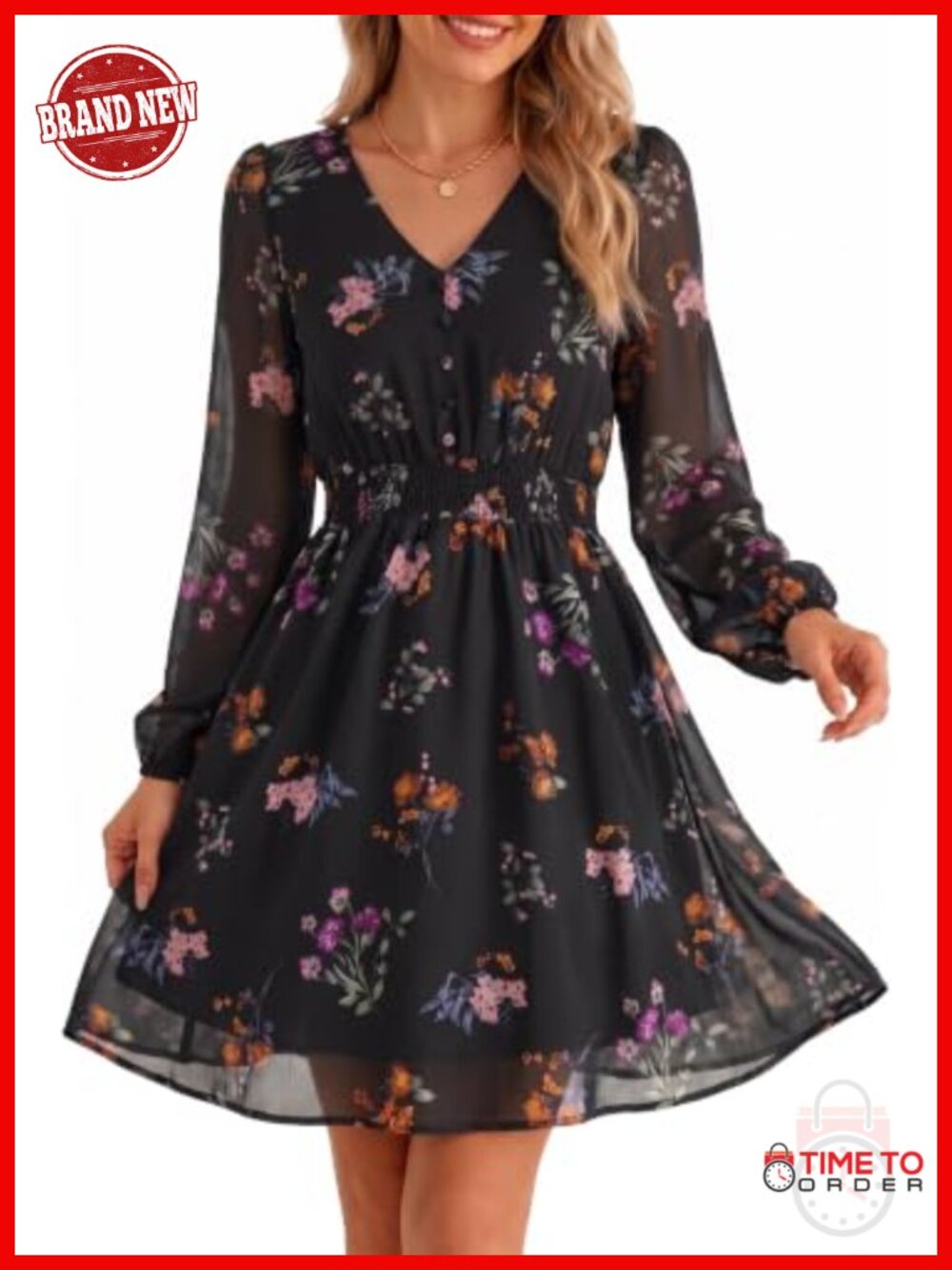Womens Floral Mini Dress V Neck Long Sleeve Chiffon A Line